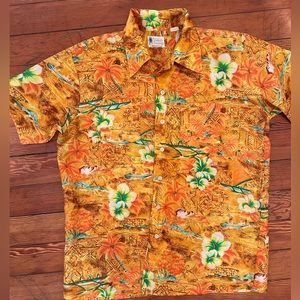 Vintage Hawaiian print shirt polyester orange floral pattern